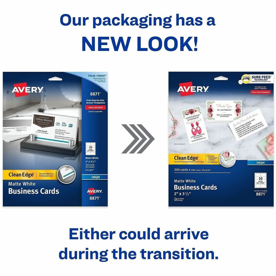 Image of Avery® True Print Clean Edge Business Cards, Inkjet, 2 X 3.5, White, 200 Cards, 10 Cards/sheet, 20 Sheets/pack