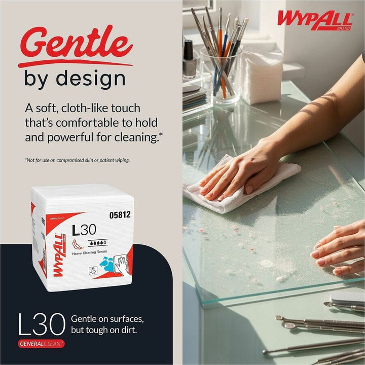 Image of Wypall 05812 GeneralClean L30 Heavy Duty Cleaning Towels, 12" L x 12.50" Width, White, 1 Pack
