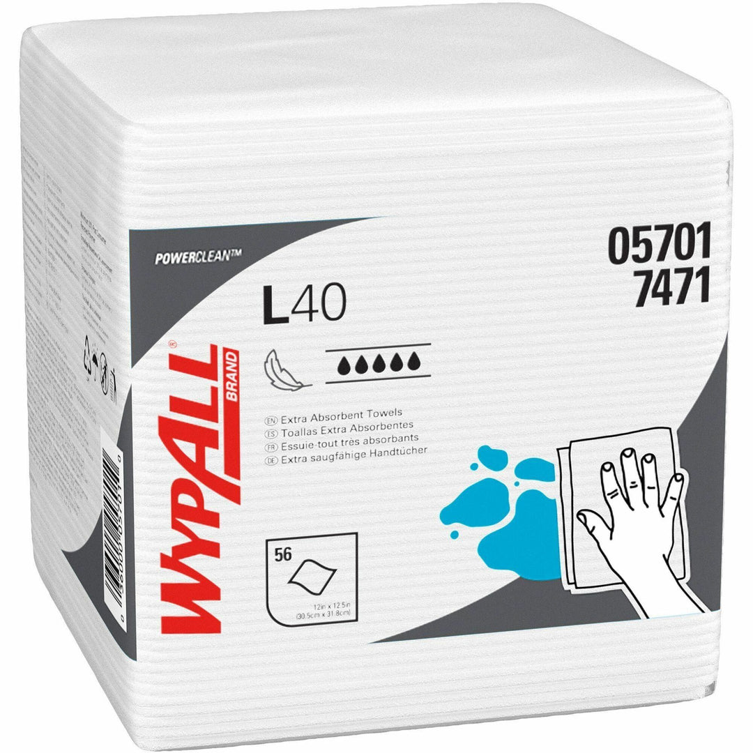 Image of Wypall 05701 PowerClean L40 Extra Absorbent Towels, For General Purpose, 12" L x 12.50" Width, Soft, Absorbent, Absorbent, White, 1 Pack