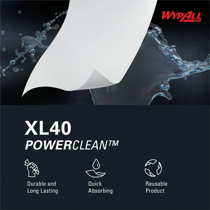 Image of Wypall 05701 PowerClean L40 Extra Absorbent Towels, For General Purpose, 12" L x 12.50" Width, Soft, Absorbent, Absorbent, White, 1 Pack