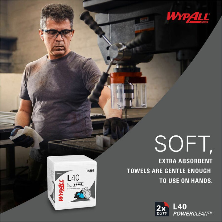 Image of Wypall 05701 PowerClean L40 Extra Absorbent Towels, For General Purpose, 12" L x 12.50" Width, Soft, Absorbent, Absorbent, White, 1 Pack