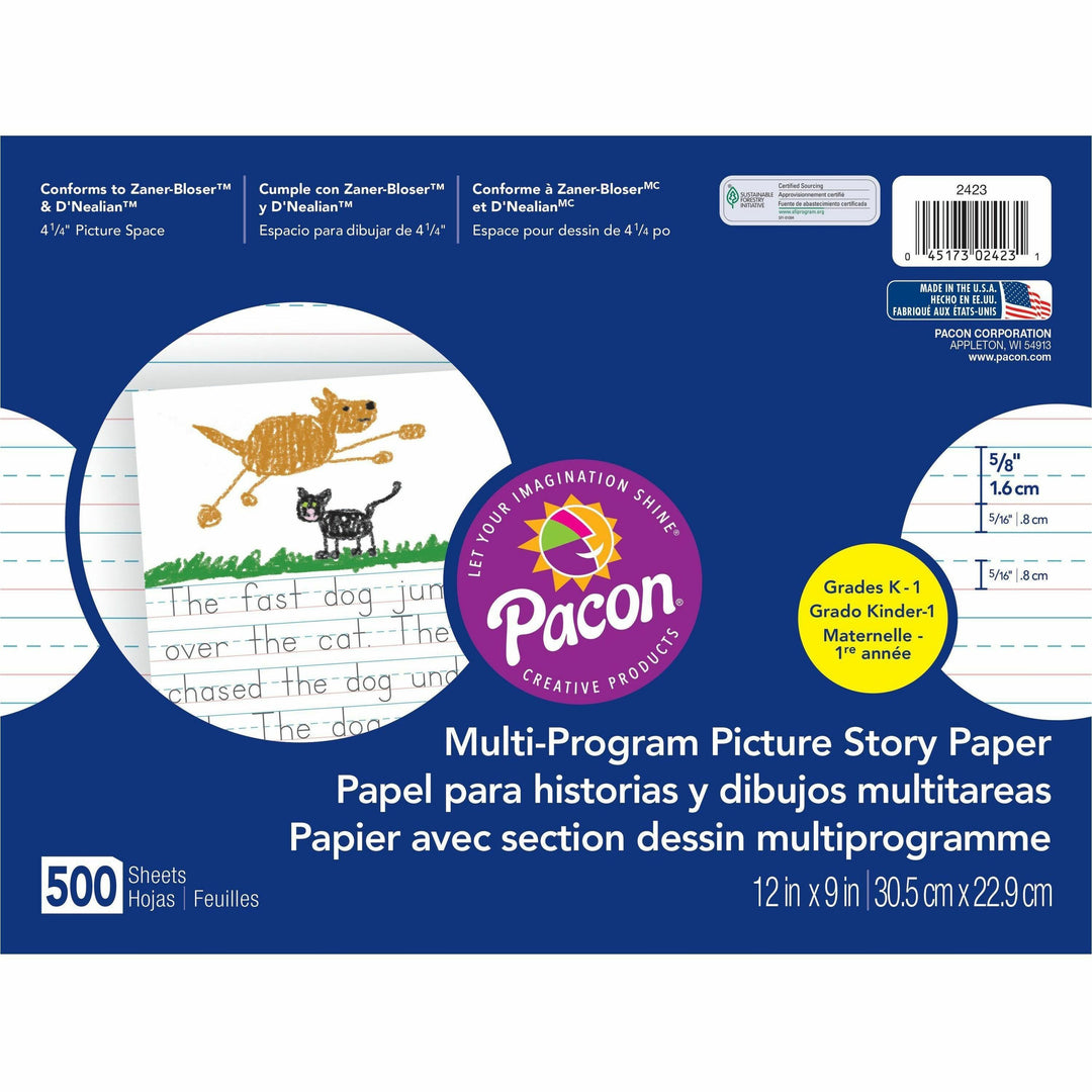 Image of Pacon® Multi-Program Picture Story Paper, 16 Lb, 5/8" Long Rule, One-Sided, 9 X 12, 500/pack