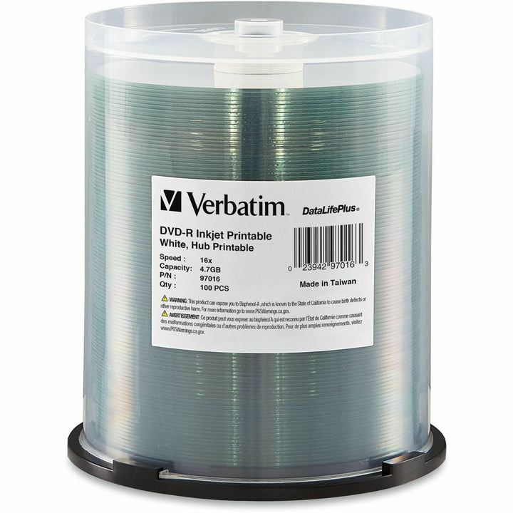 Dvd R Inkjet Printable Verbatim DVD-R, Inkjet Printable, 4.7GB, 16x,100/PK, White - AB1Supply
