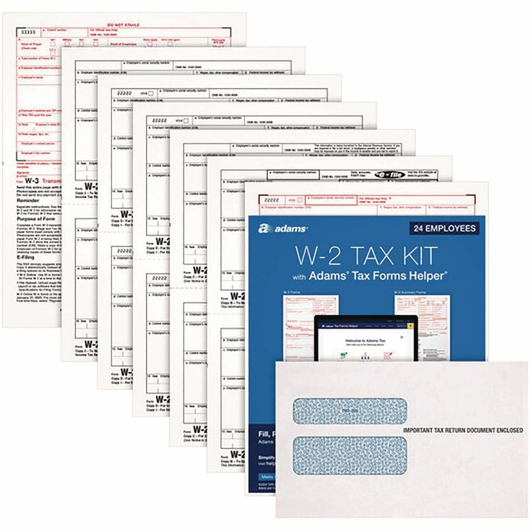 Image of Adams® 6-Part W-2 Tax Form Kit with Security Envelopes and Tax Forms Helper, 2024, 8.5 x 5.5, 2 Forms/Sheet, 24 Forms Total