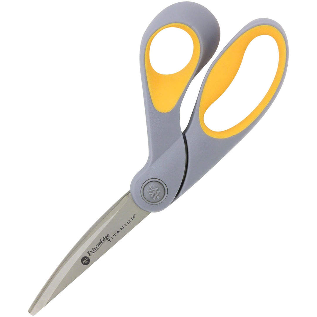 Image of Westcott® ExtremEdge Titanium Bent Scissors, 9" Long, 4.5" Cut Length, Offset Gray/Yellow Handle