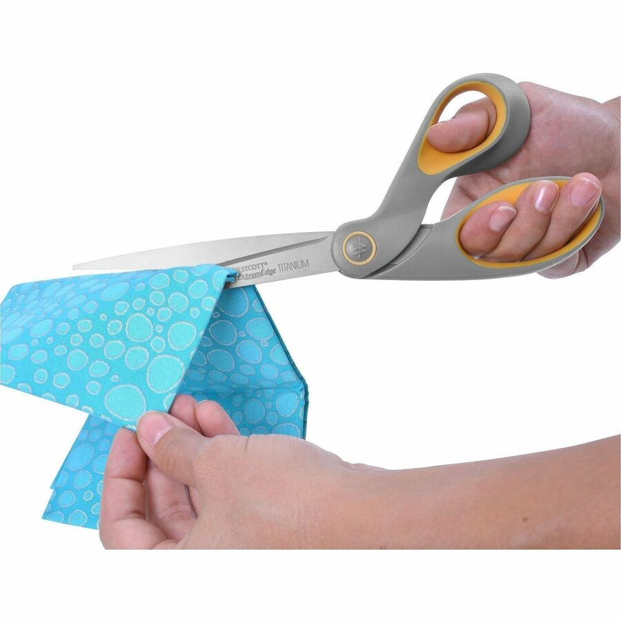 Image of Westcott® ExtremEdge Titanium Bent Scissors, 9" Long, 4.5" Cut Length, Offset Gray/Yellow Handle