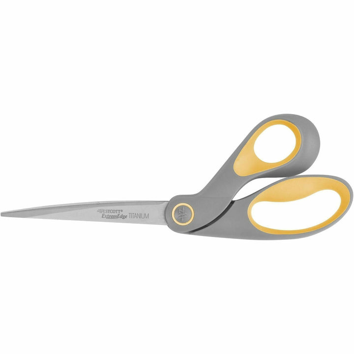 Image of Westcott® ExtremEdge Titanium Bent Scissors, 9" Long, 4.5" Cut Length, Offset Gray/Yellow Handle
