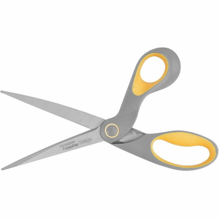 Image of Westcott® ExtremEdge Titanium Bent Scissors, 9" Long, 4.5" Cut Length, Offset Gray/Yellow Handle