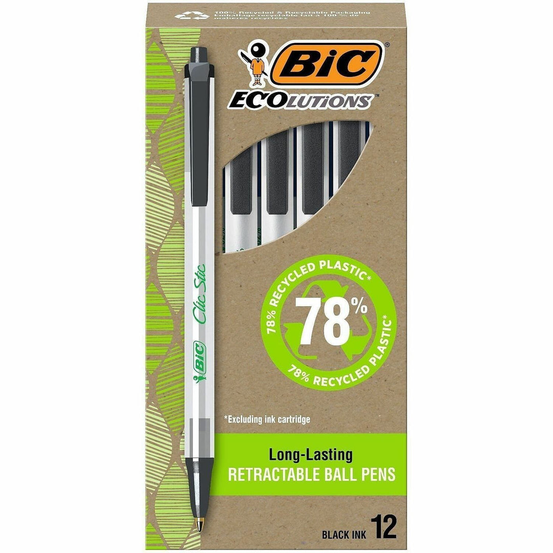 Image of BIC® Ecolutions Clic Stic Ballpoint Pen, Retractable, Medium 1 mm, Black Ink, Translucent Frost/Black Barrel, Dozen