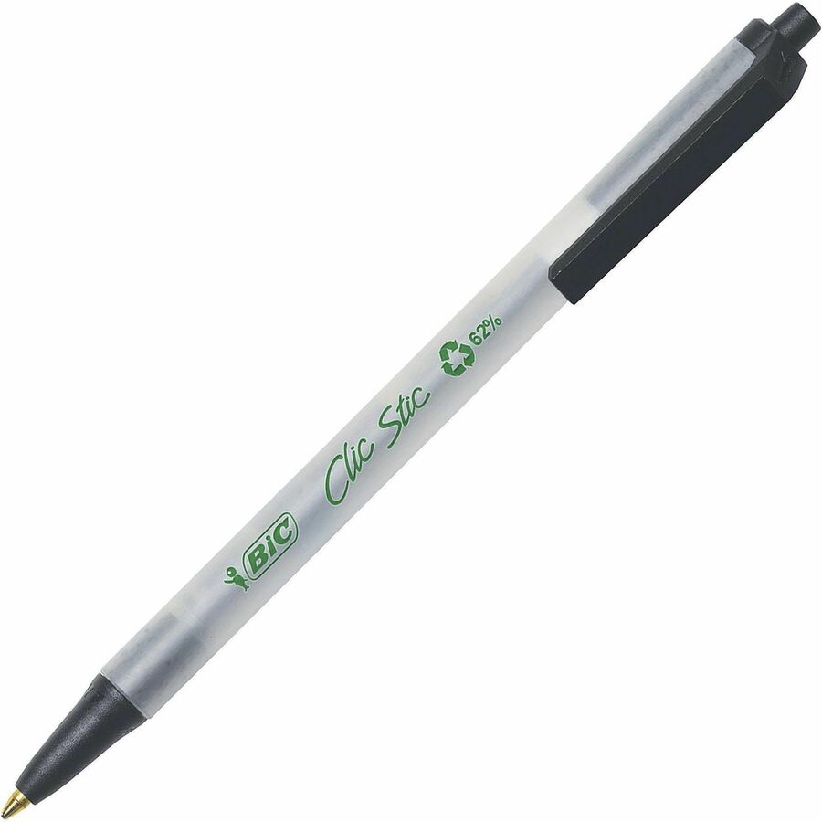 Image of BIC® Ecolutions Clic Stic Ballpoint Pen, Retractable, Medium 1 mm, Black Ink, Translucent Frost/Black Barrel, Dozen