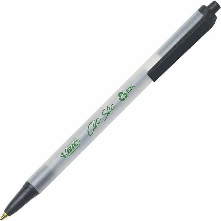 Image of BIC® Ecolutions Clic Stic Ballpoint Pen, Retractable, Medium 1 mm, Black Ink, Translucent Frost/Black Barrel, Dozen