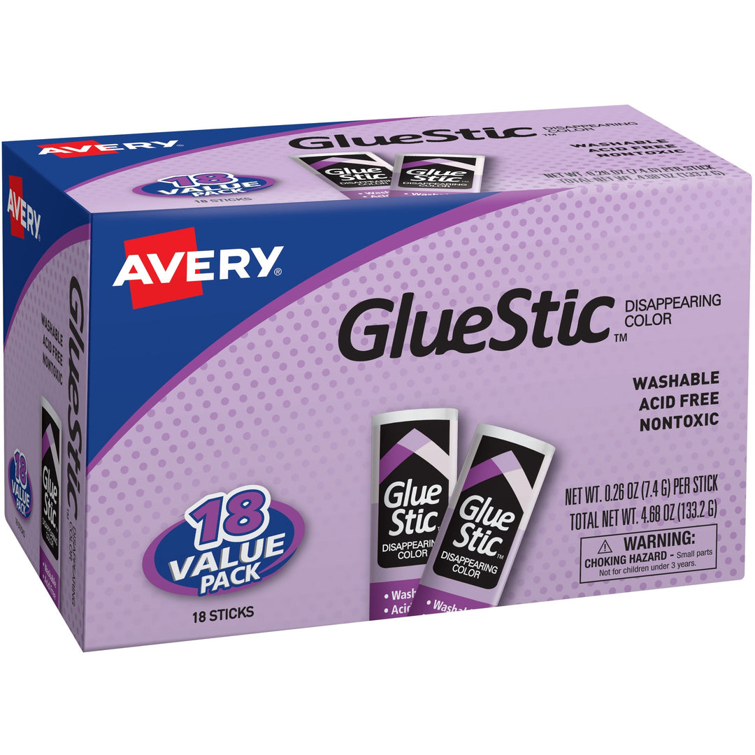 Image of Avery® Permanent Glue Stic Value Pack, 0.26 Oz, Applies Purple, Dries Clear, 18/pack
