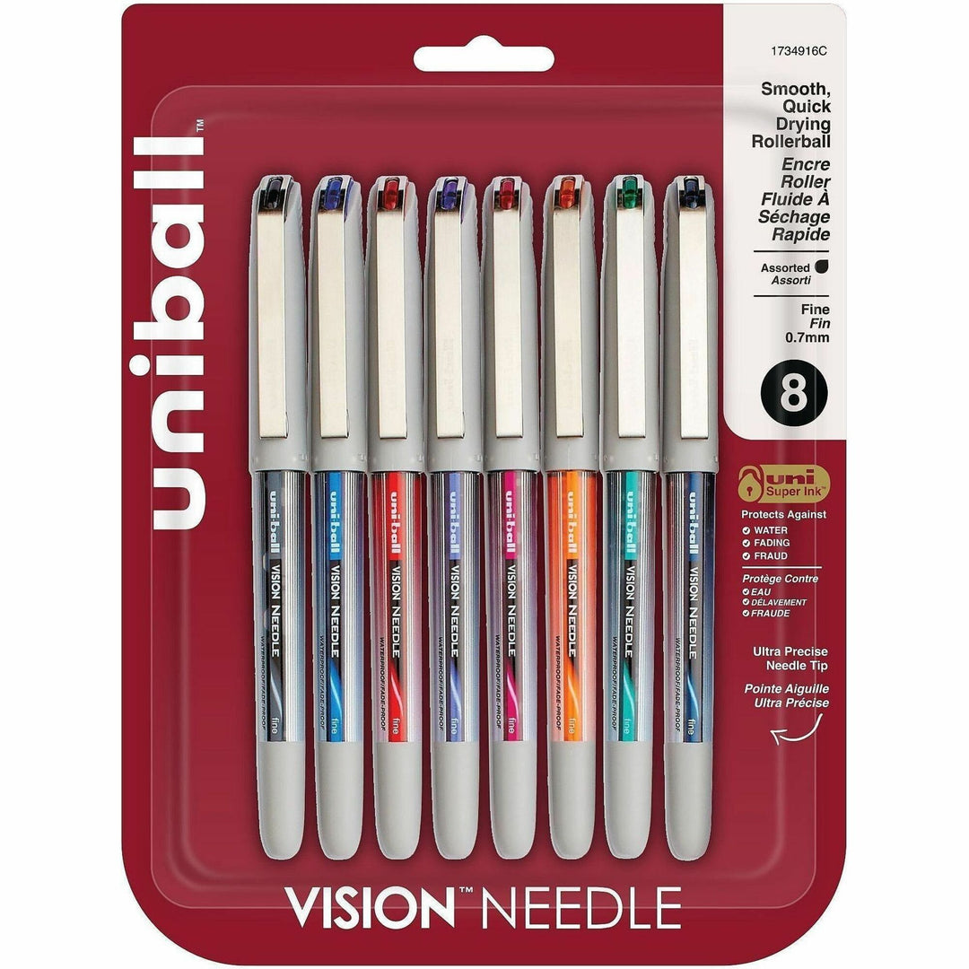Image of uniball® VISION Needle Rollerball Pen, Stick, Fine 0.7 mm, Assorted Ink and Barrel Colors, 8/Pack