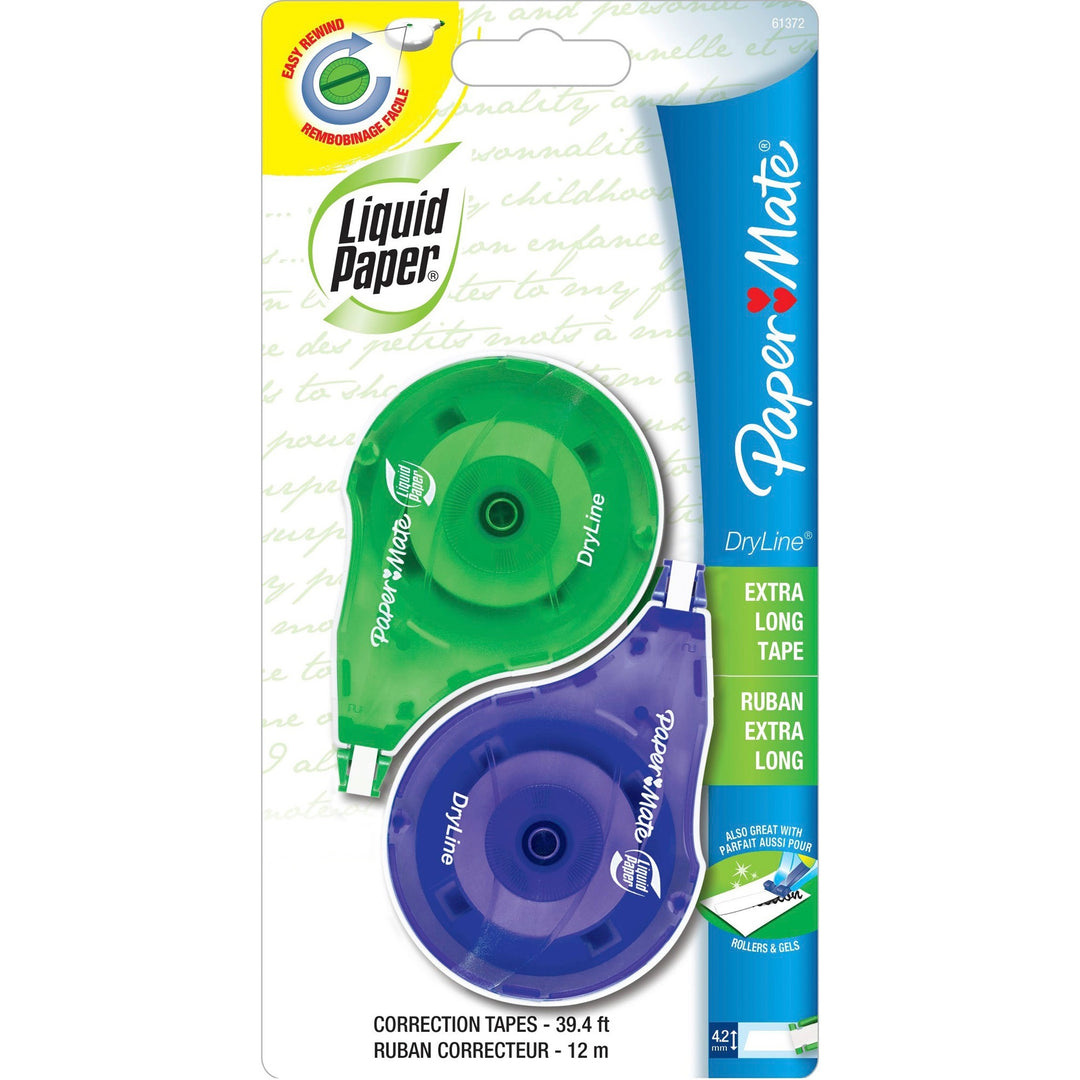 Image of Paper Mate® Liquid Paper® DryLine Correction Tape, Non-Refillable, 0.17" x 39.33 ft, White Tape, Assorted Dispenser Colors, 2/Pack
