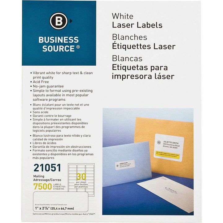 Image of Business Source Mailing Labels, Laser/Inkjet, 1"x2-5/8", 7500/PK, White