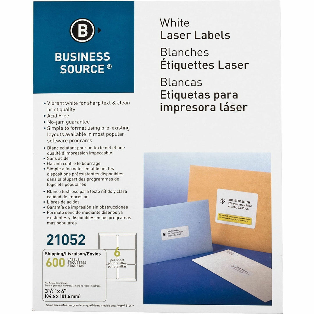 Image of Business Source Mailing Labels, Laser/Inkjet, 3-1/3"x4", 600/PK, White