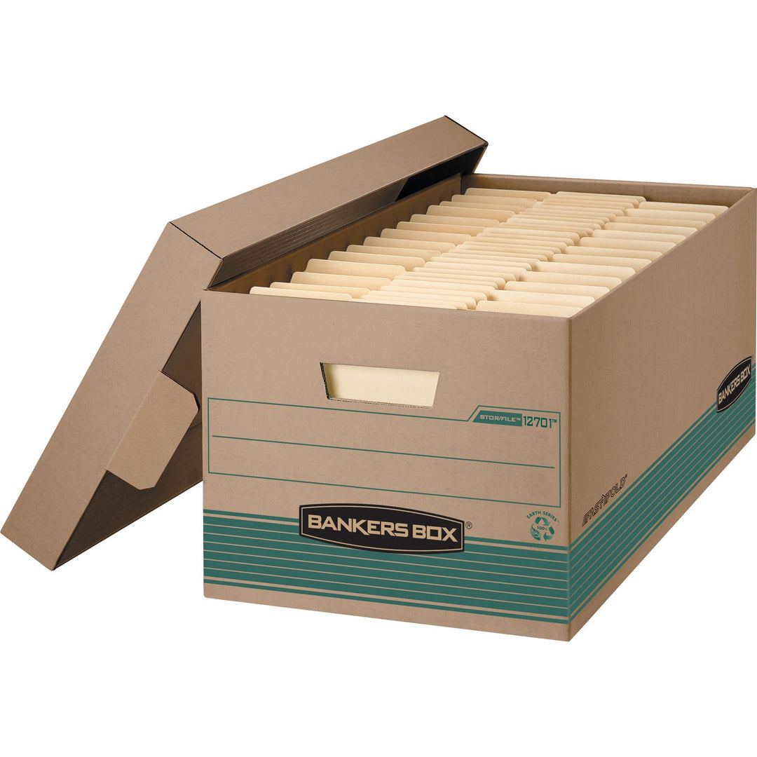 Image of Bankers Box® STOR/FILE Medium-Duty 100% Recycled Storage Boxes, Letter Files, 12.88" x 25.38" x 10.25", Kraft/Green, 12/Carton