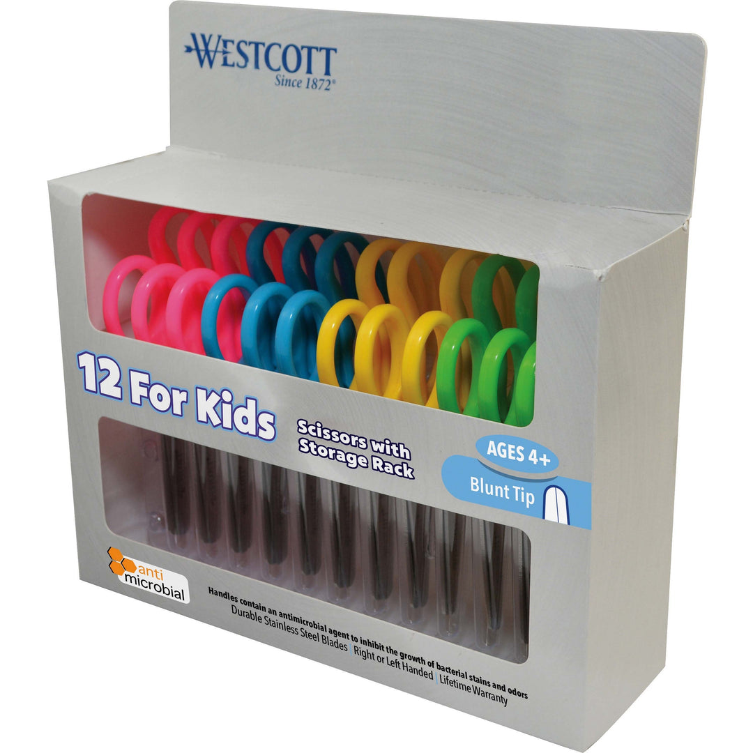 Image of Westcott® Kids' Scissors with Antimicrobial Protection, Rounded Tip, 5" Long, 2" Cut Length, Straight Assorted Color Handles, 12/Pack