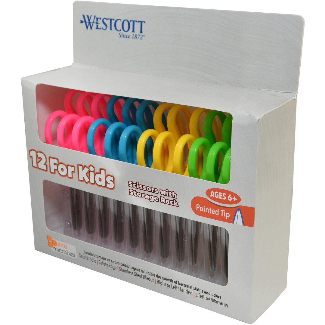 Image of Westcott® Kids' Scissors with Antimicrobial Protection, Pointed Tip, 5" Long, 2" Cut Length, Straight Assorted Color Handles, 12/Pack