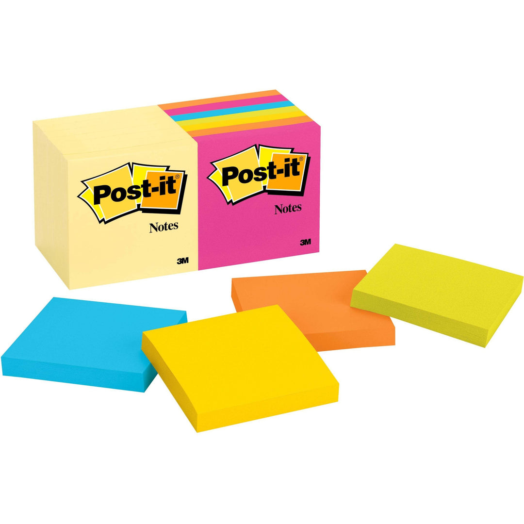 Image of Post-it® Notes Original Pads Assorted Value Pack, 3 x 3, (8) Canary Yellow, (6) Poptimistic Collection Colors, 100 Sheets/Pad, 14 Pads/Pack