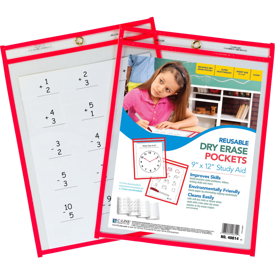 Image of C-Line® Reusable Dry Erase Pockets, 9 x 12, Neon Red, 30/Pack