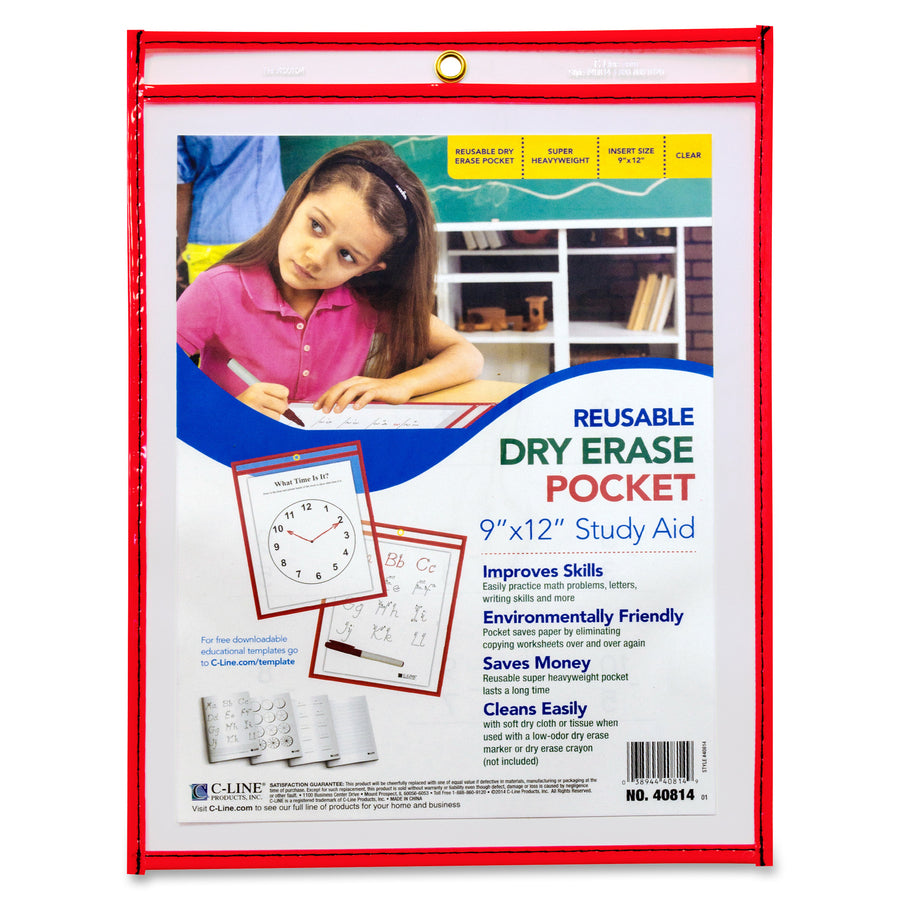 Image of C-Line® Reusable Dry Erase Pockets, 9 x 12, Neon Red, 30/Pack