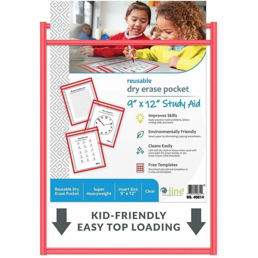 Image of C-Line 40814 Reusable Dry-erase Pocket, 8 1/2" x 11", Red, 30 / Box