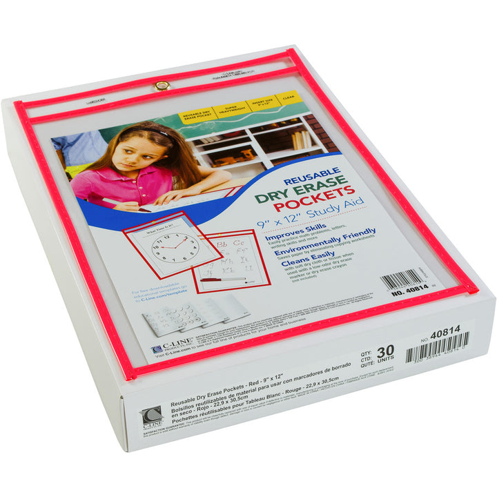 Image of C-Line® Reusable Dry Erase Pockets, 9 x 12, Neon Red, 30/Pack