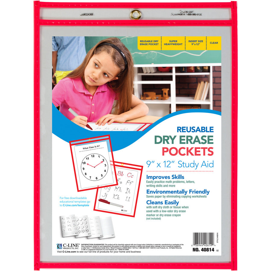 Image of C-Line® Reusable Dry Erase Pockets, 9 x 12, Neon Red, 30/Pack