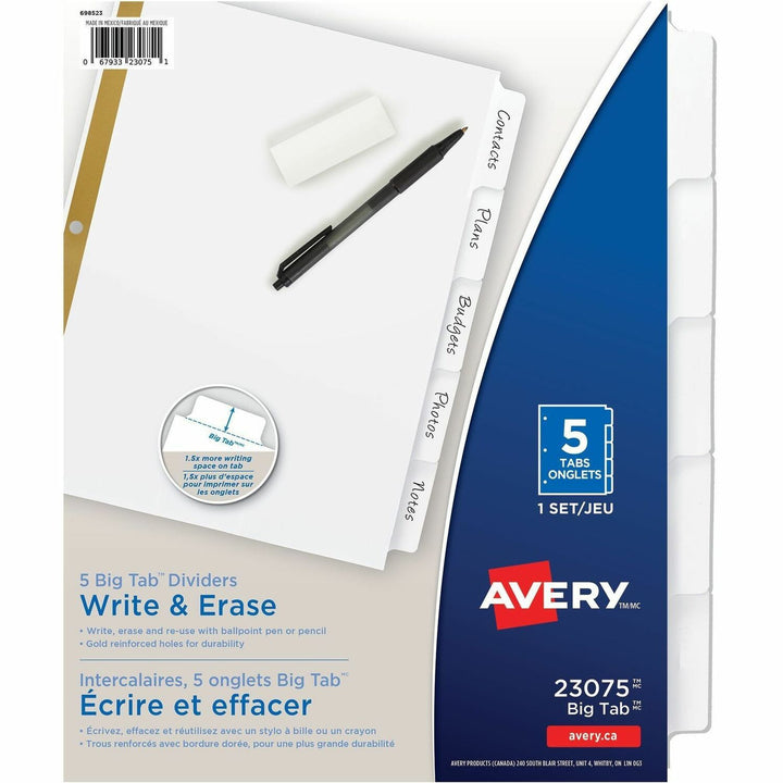 Image of Avery® Write and Erase Big Tab Paper Dividers, 5-Tab, 11 x 8.5, White, White Tabs, 1 Set