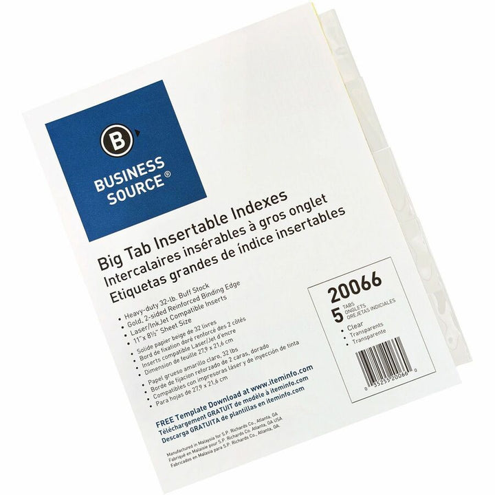 Image of Business Source Insertable Tab Indexes,11"x8-1/2",5/ST,Buff Paper/Clear