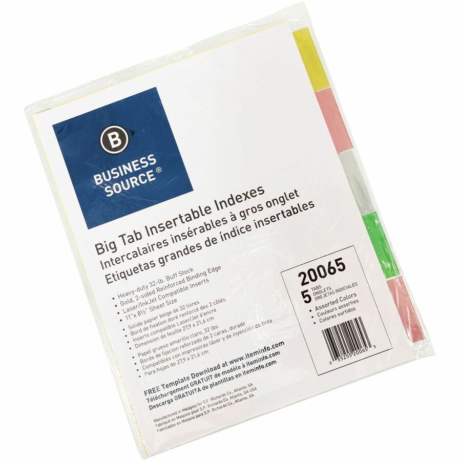 Image of Business Source Insertable Tab Indexes,11"x8-1/2",5/ST,Buff Paper/Multi