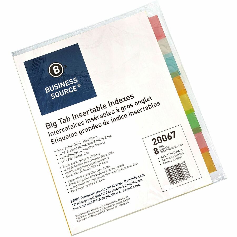 Image of Business Source Insertable Tab Indexes,11"x8-1/2",8/ST,Buff Paper/Multi