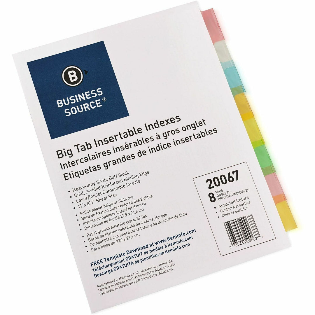 Image of Business Source Insertable Tab Indexes,11"x8-1/2",8/ST,Buff Paper/Multi