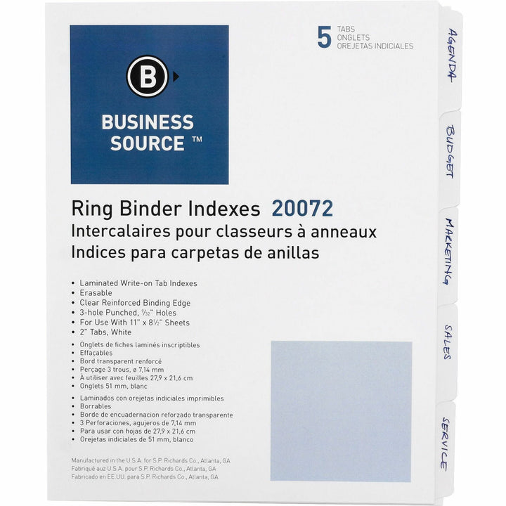 Image of Business Source Erasable Tab Indexes, 3HP, 11"x8-1/2", 5/ST, White
