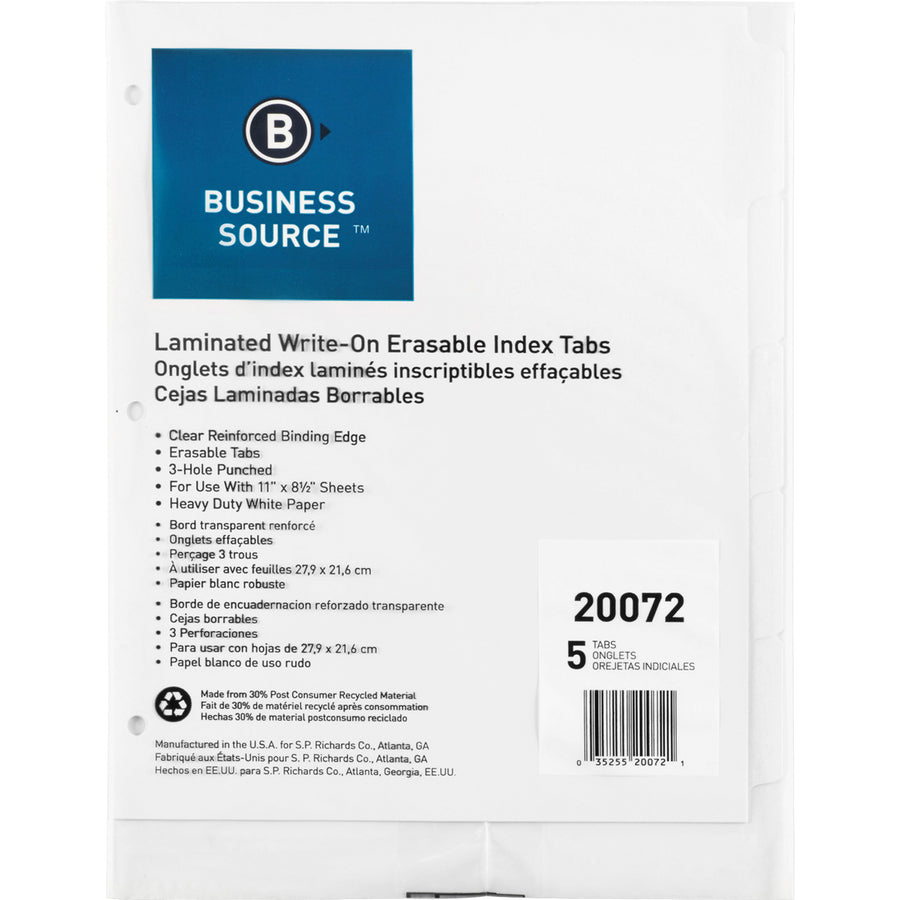 Image of Business Source Erasable Tab Indexes, 3HP, 11"x8-1/2", 5/ST, White