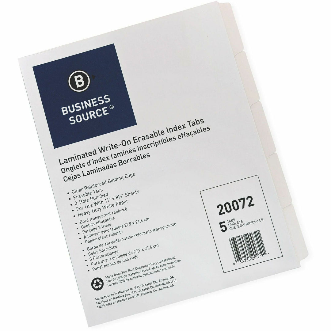 Image of Business Source Erasable Tab Indexes, 3HP, 11"x8-1/2", 5/ST, White