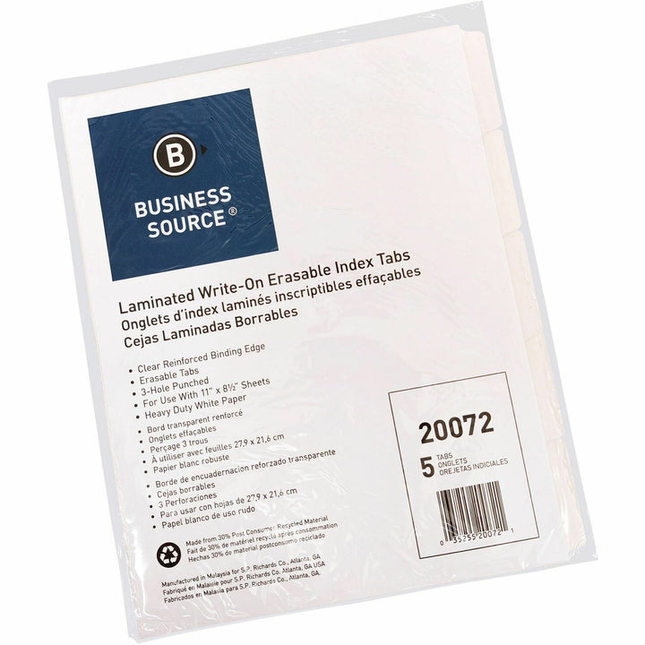 Image of Business Source Erasable Tab Indexes, 3HP, 11"x8-1/2", 5/ST, White