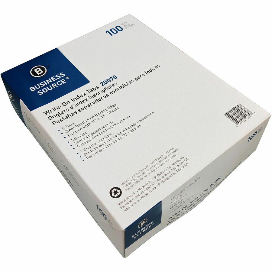 Image of Business Source Plain Tab Indexes,5-2" Wide Tab,11"x8-1/2",100 St/BX,WE