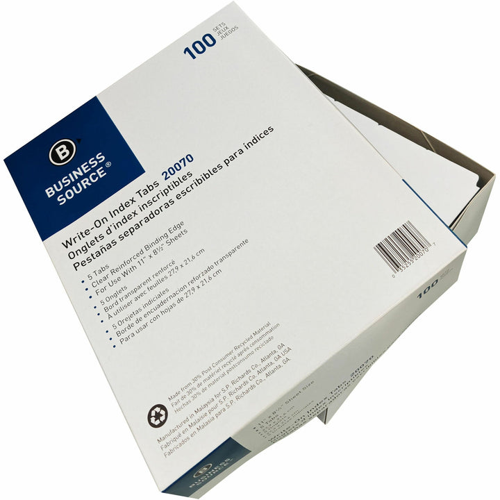 Image of Business Source Plain Tab Indexes,5-2" Wide Tab,11"x8-1/2",100 St/BX,WE