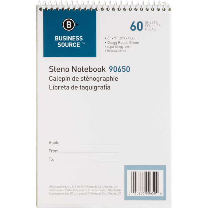 Image of Business Source Steno Notebook, Gregg Ruled, 60 Sheets, 6"x9", Green