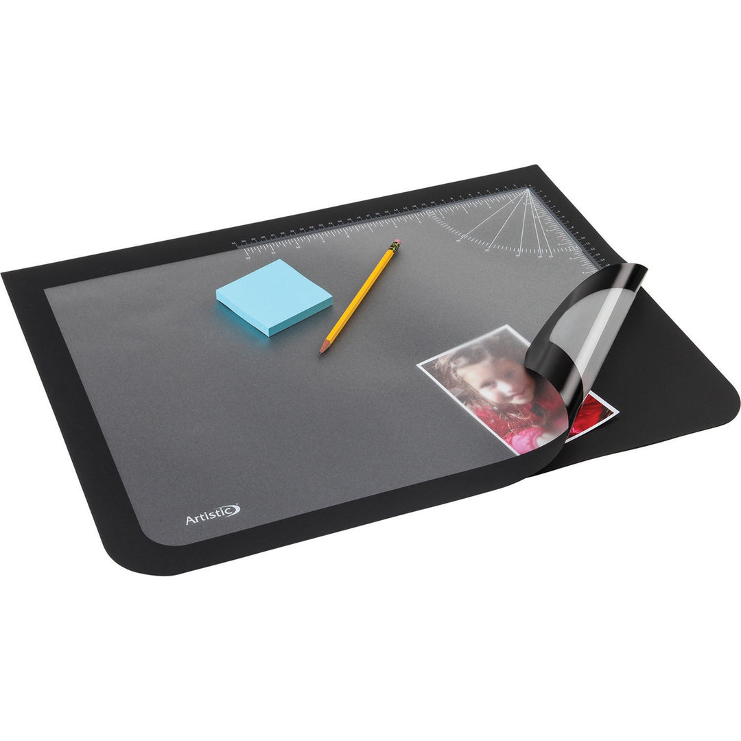 Image of Artistic® Desk Pad with Transparent Lift-Top Overlay and Antimicrobial Protection, 22" x 17", Black Pad, Transparent Frost Overlay