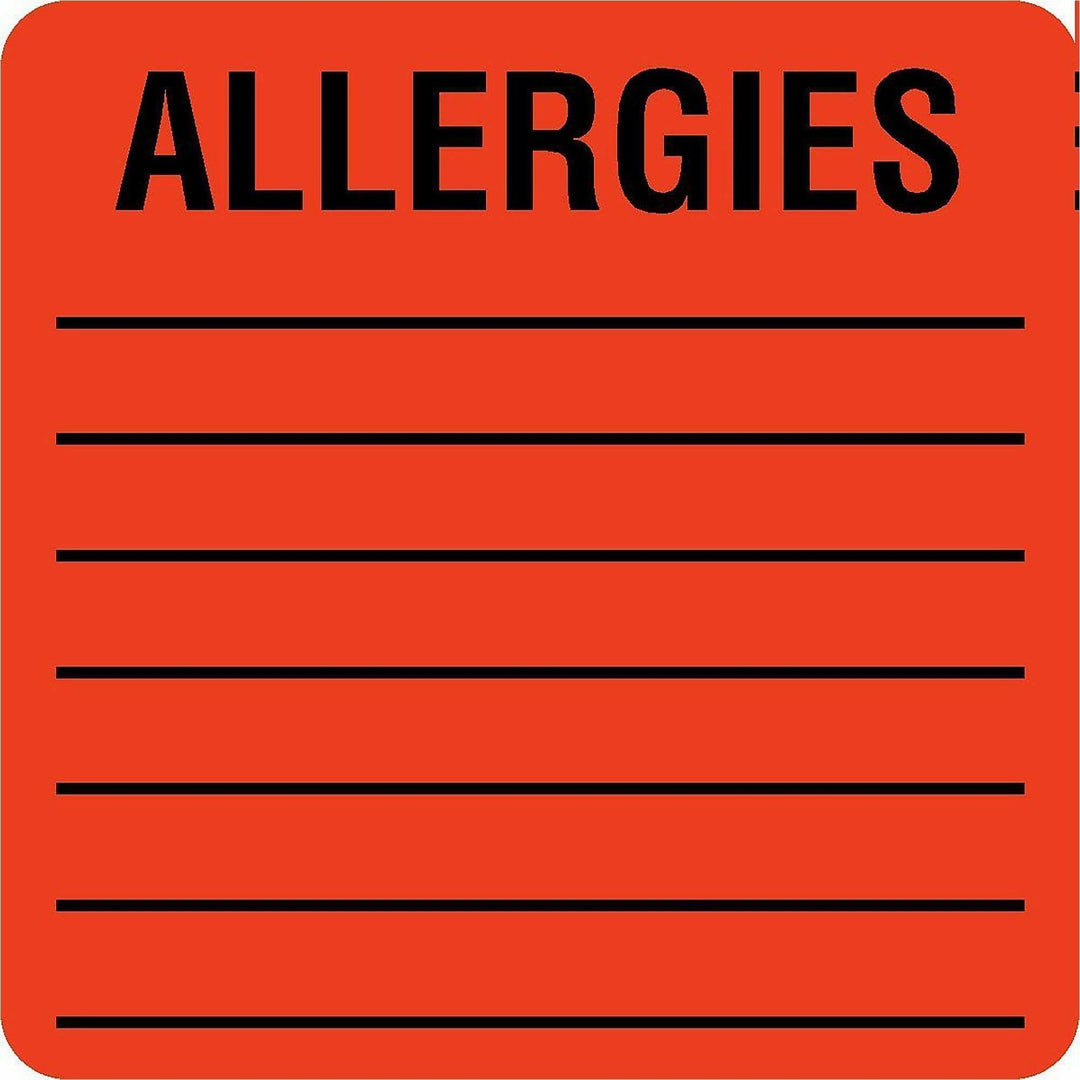 Image of Tabbies® Allergy Warning Labels, Allergies, 2 X 2, Fluorescent Red, 500/roll