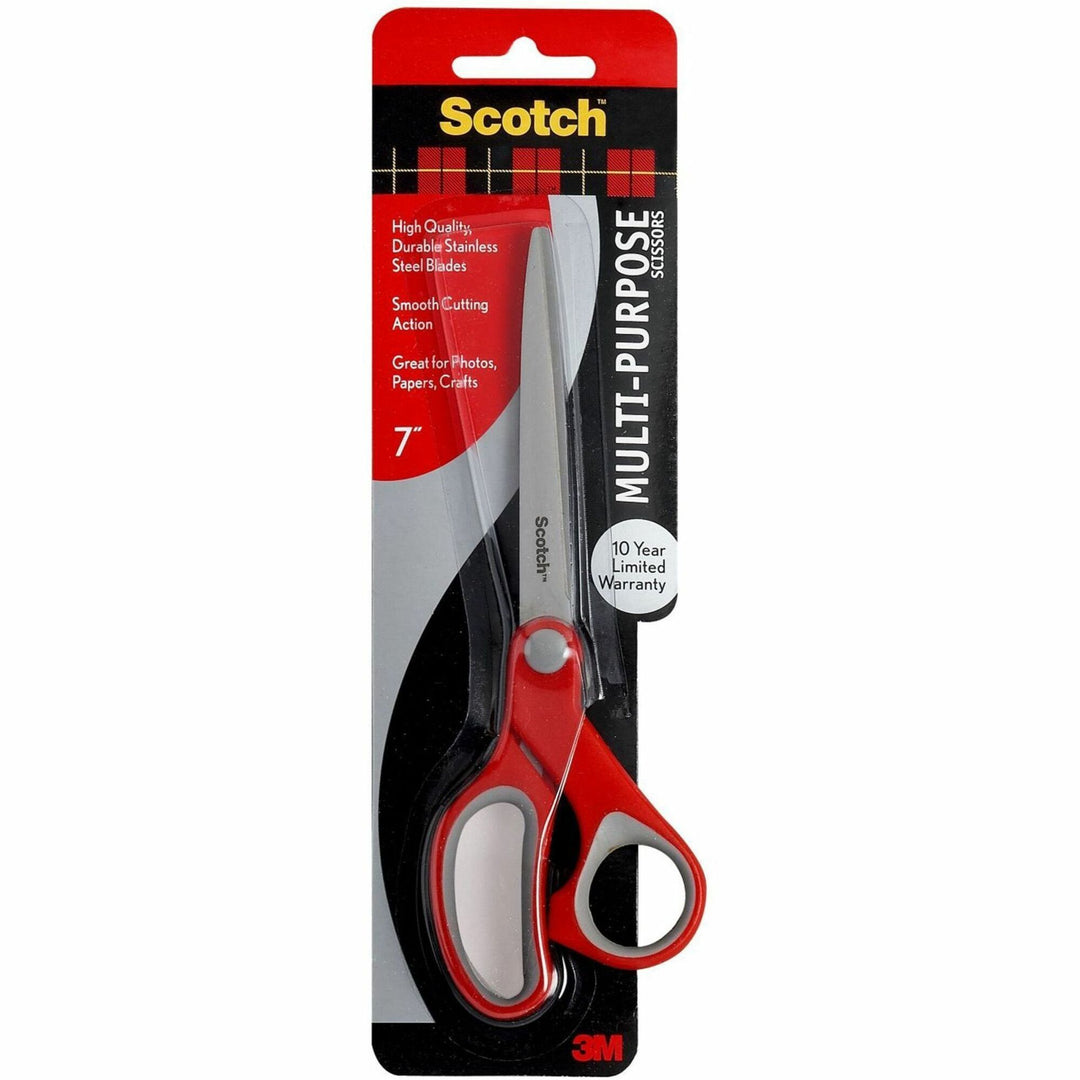 Image of Scotch® Multi-Purpose Scissors, 7" Long, 3.38" Cut Length, Straight Gray/Red Handle