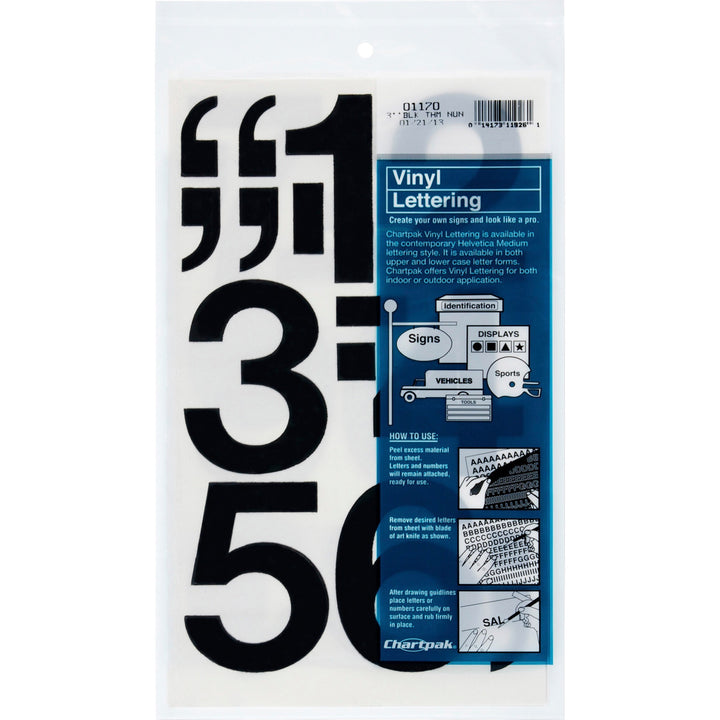 Image of Chartpak® Press-On Vinyl Self-Adhesive Numbers, 3" Tall, Black Characters, 10/Pack