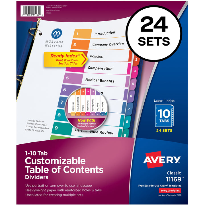 Image of Avery® Customizable TOC Ready Index Multicolor Tab Dividers, Uncollated, 10-Tab, 1 to 10, 11 x 8.5, White, 24 Sets