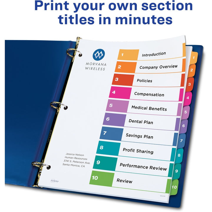 Image of Avery® Customizable TOC Ready Index Multicolor Tab Dividers, Uncollated, 10-Tab, 1 to 10, 11 x 8.5, White, 24 Sets