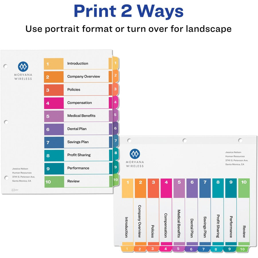 Image of Avery® Customizable TOC Ready Index Multicolor Tab Dividers, Uncollated, 10-Tab, 1 to 10, 11 x 8.5, White, 24 Sets
