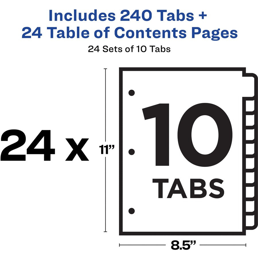 Image of Avery® Customizable TOC Ready Index Multicolor Tab Dividers, Uncollated, 10-Tab, 1 to 10, 11 x 8.5, White, 24 Sets