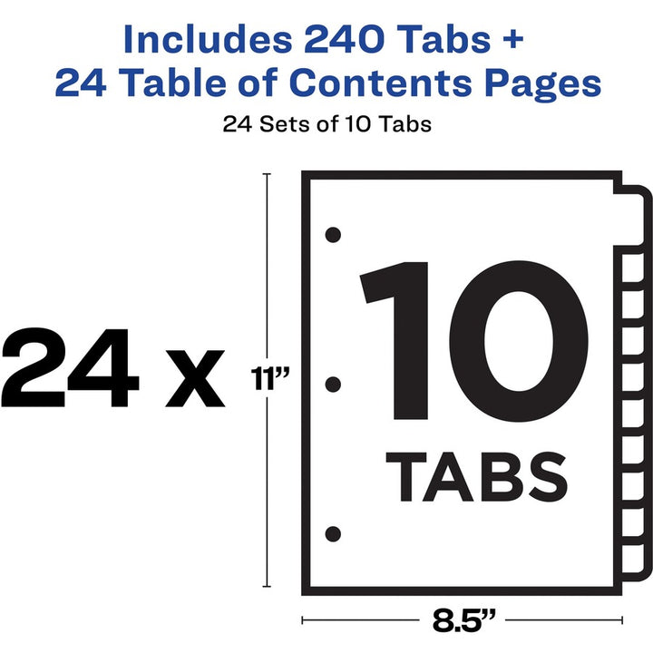 Image of Avery® Customizable TOC Ready Index Multicolor Tab Dividers, Uncollated, 10-Tab, 1 to 10, 11 x 8.5, White, 24 Sets